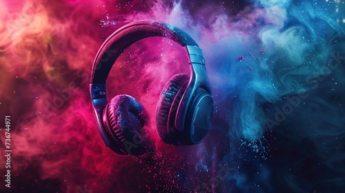 World music day banner with headphones on abstract colorful dust background. Music day event and musical instruments colorful design