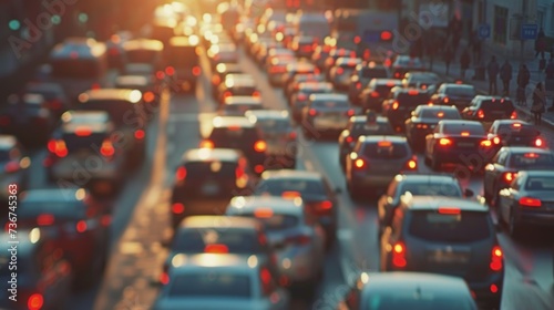 Evening Commute with Cars Illuminated in Traffic Jam