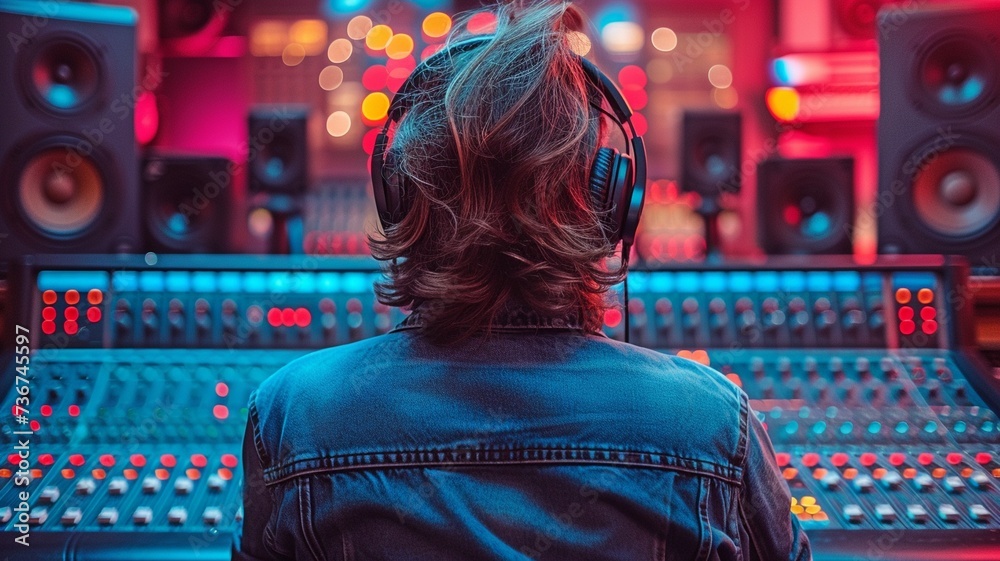 Obraz premium headphones with a sound engineer. in a studio for recording.