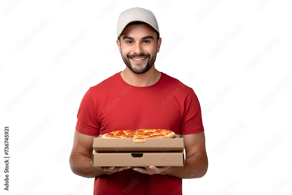 Young man in casual clothes hold italian pizza in cardboard flatbox use black screen mobile cell phone isolated on plain white background