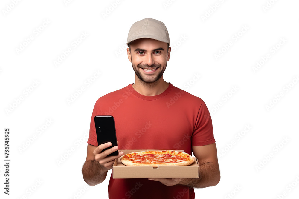 Young man in casual clothes hold italian pizza in cardboard flatbox use black screen mobile cell phone isolated on plain white background Young man in casual clothes hold italian pizza in cardboard flatbox use black screen mobile cell phone isolated on plain white background