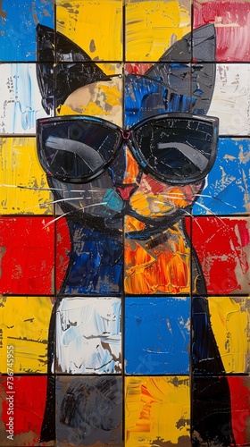 cat with sunglasses. painting with geometric squares in the background