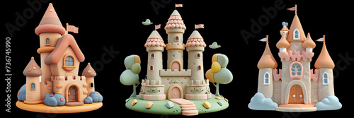 3d icons set of castle in clay figure styles.