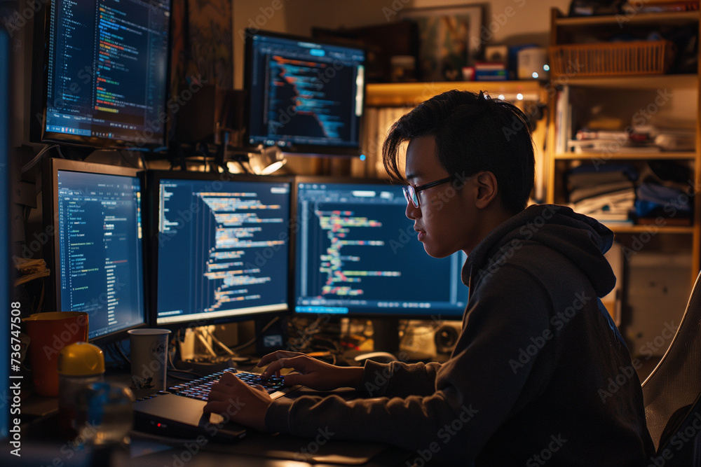 Late Night Coding: Software Developer at Work with Multiple Screens