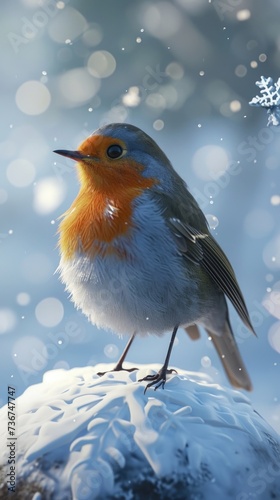 Cartoon digital avatars of a serious robin sitting atop a snowflake, forecasting a blizzard with furrowed brows.