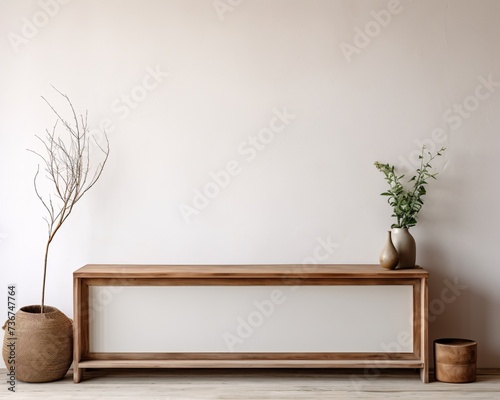 a wooden shelf with vases and plants in front of a white wall photo