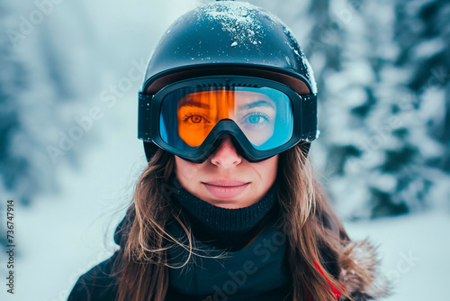 Portrait of a woman in a snowboard helmet with goggles in the winter mountains © MVProductions