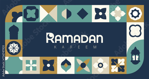 Islamic festival poster background design in flat geometric style, arabic calligraphy, crescent moon and lantern. Suitable for Ramadan Kareem , Hari Raya, Eid Mubarak, Eid al Adha. photo