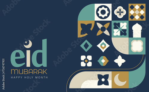 Islamic festival poster background design in flat geometric style, arabic calligraphy, crescent moon and lantern. Suitable for Ramadan Kareem , Hari Raya, Eid Mubarak, Eid al Adha.