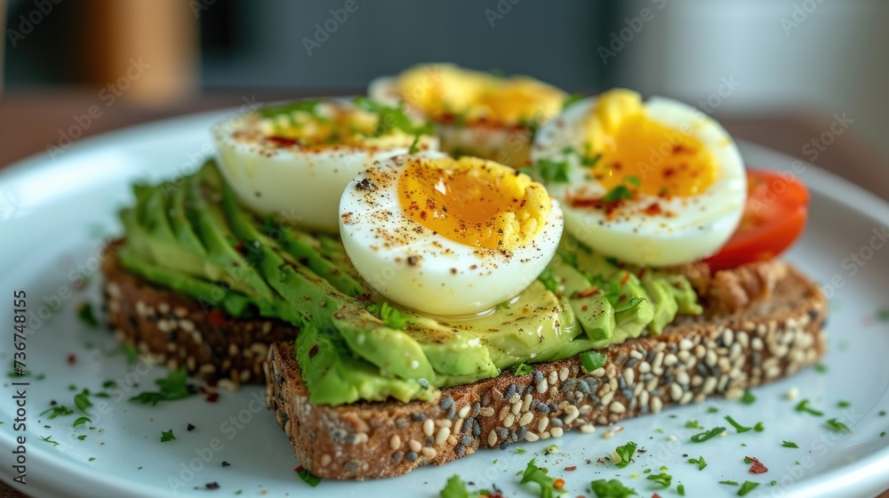 Boiled egg and avocado on multigrain toast, healthy breakfast