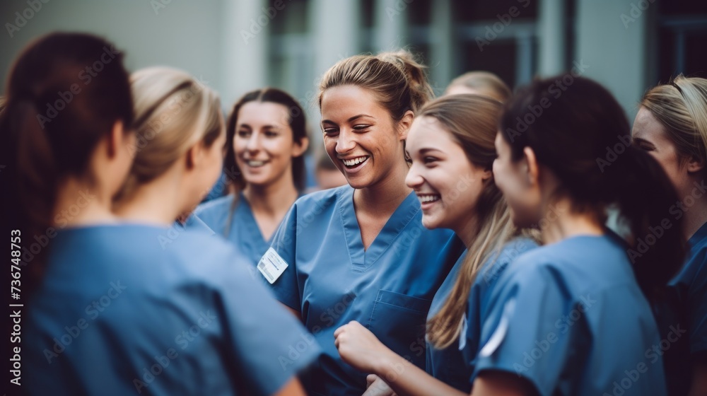 Multiracial group of medical students using computer while studying in lecture hall. Neural network AI generated art Multiracial group of medical students using computer while studying in lecture hall. Neural network AI generated art