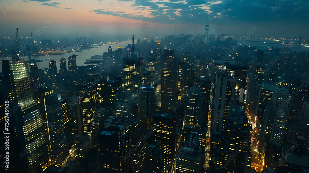 Fototapeta premium Overhead view of a modern metropolitan city at dusk. Generative AI illustration 