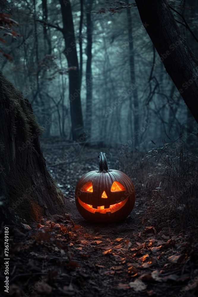Carved Pumpkin Lantern in Eerie Blue Forest Carved Pumpkin Lantern in Eerie Blue Forest