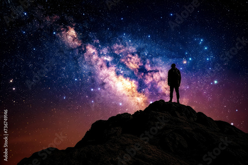 silhouette of a person on the top of the mountain looking up at the Milky Way photo
