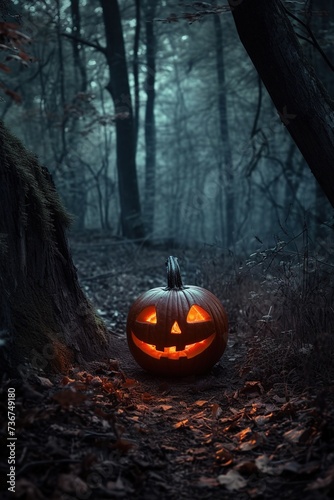 Carved Pumpkin Lantern in Eerie Blue Forest