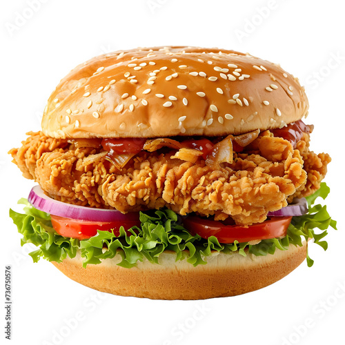 Fried chicken burger isolated on transparent or white background, png