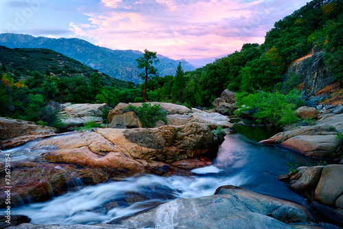 Colorful sunset above a mountain stream with rocks, trees, and vegetation Kings Canyon, California.