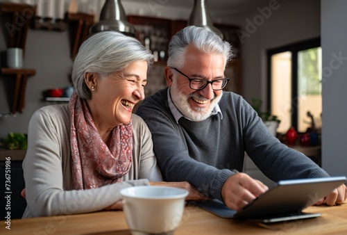 a man and woman laughing at a tablet