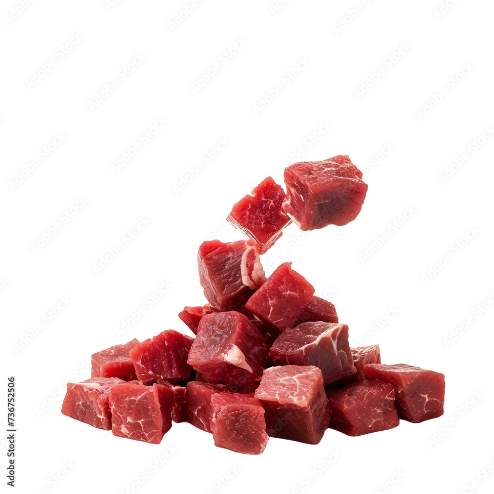 Falling meat beef cubes isolated on transparent or white background, png