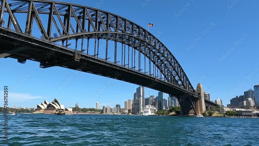 Sydney Harbour Bridge and Opera House on a clear day, city skyline, from water