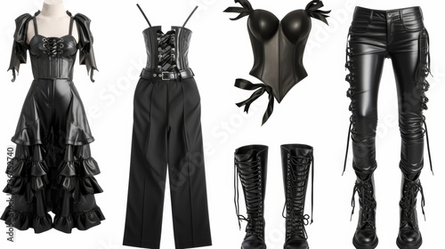 A bold and edgy NeoGothic look featuring a leather bustier top flowy black pants and chunky laceup boots. Perfect for a night out in a gritty Gothic nightclub. photo
