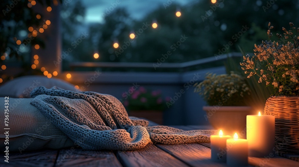 Cozy terrace corner with warm candlelight and blankets creating an intimate atmosphere