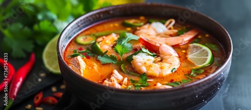 a bowl of soup with shrimp and vegetables on a table . High quality