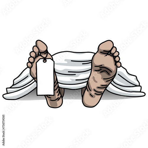Corpse Dead Man in the Morgue. Dead Human Legs with Tag. Human Body Covered with White Sheet. Vector Illustration