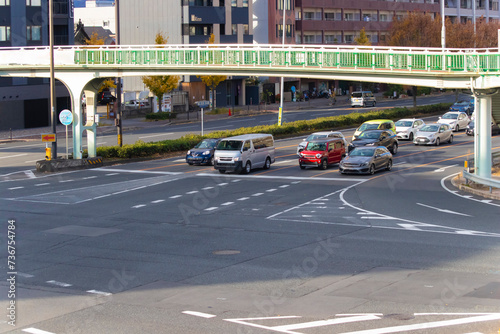 A traffic jam at the large crossing in Kyoto daytime