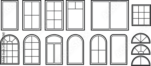 Se of Window frames. Silhouette of window. Outline icons of house and building. Decorative arch and frame for office, architecture. Closed balcony in wall. Editable exterior on transparent background.