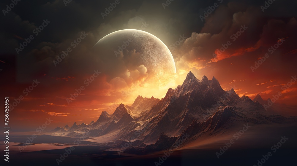 the moon is rising over the ridge above the mountain landscape ilustration photo