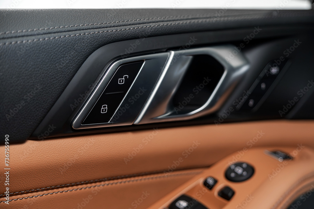 close-up of the side door buttons with brown leather : window adjustment buttons, door lock.