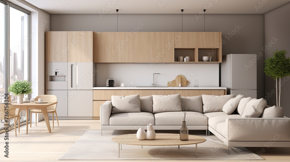 Fototapeta premium ideas for arranging a family or guest room with sofas, lamps, potted ornamental plants, tables that are simple and minimalist but still give the impression of being clean and elegant.