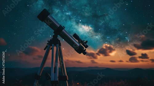 milky way at sunset and telescope in the foreground