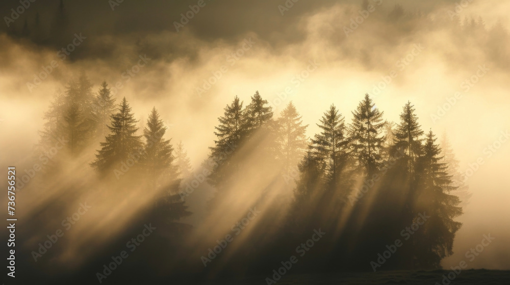 A group of trees emerging from a blanket of thick morning fog silhouetted against a bright backlit sky. A group of trees emerging from a blanket of thick morning fog silhouetted against a bright backlit sky.