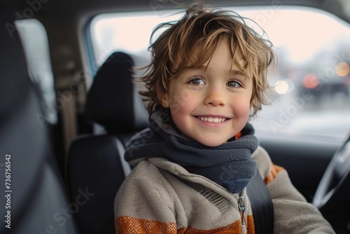 A smiling, brown-haired boy sitting safely in a car seat with soft ambient light