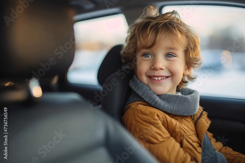 An adorable toddler boy grinning widely while buckled safely in a car seat inside a vehicle