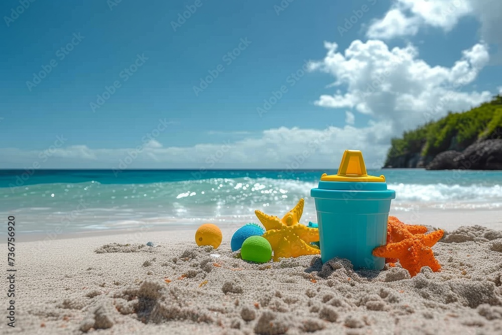 Beach toys in the sand with a turquoise sea backdrop on a clear sunny day Beach toys in the sand with a turquoise sea backdrop on a clear sunny day