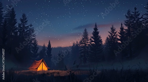Nighttime Forest Camping Tent Under Starry Sky © ISK PRODUCTION