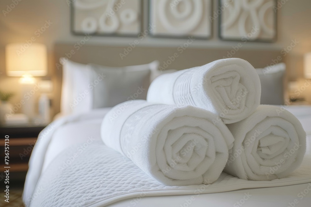 A clear shot of soft, luxurious white towels rolled and presented on a bed with stylish bedroom decor A clear shot of soft, luxurious white towels rolled and presented on a bed with stylish bedroom decor