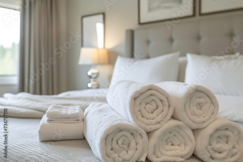 Elegant presentation of rolled white towels on a bed with a soft-focus of the hotel room interior