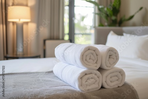 Close-up image featuring neatly rolled white towels on a hotel bed with the room ambiance softly lit