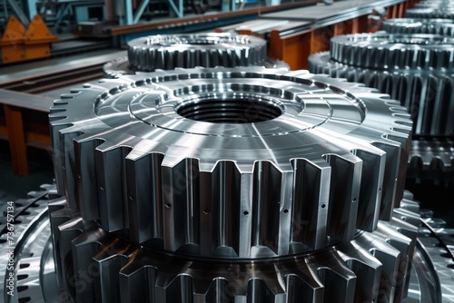 Close-up of meticulously engineered metallic gears in an industrial setting, symbolizing precision and advanced manufacturing photo