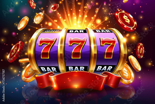 A dazzling display of a slot machine hitting the lucky 777 jackpot with sparkling lights and flying coins