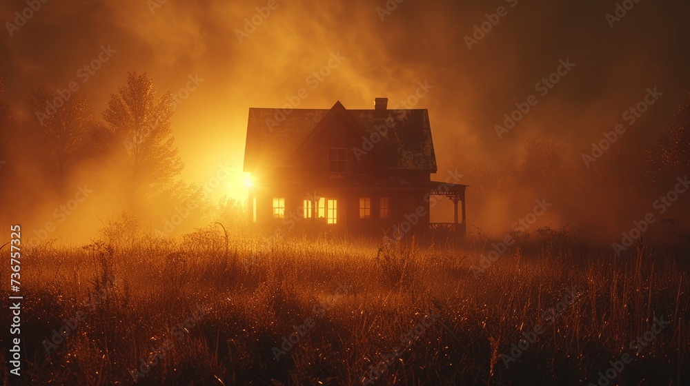Atmospheric Halloween scene with a hauntingly serene house at sunset