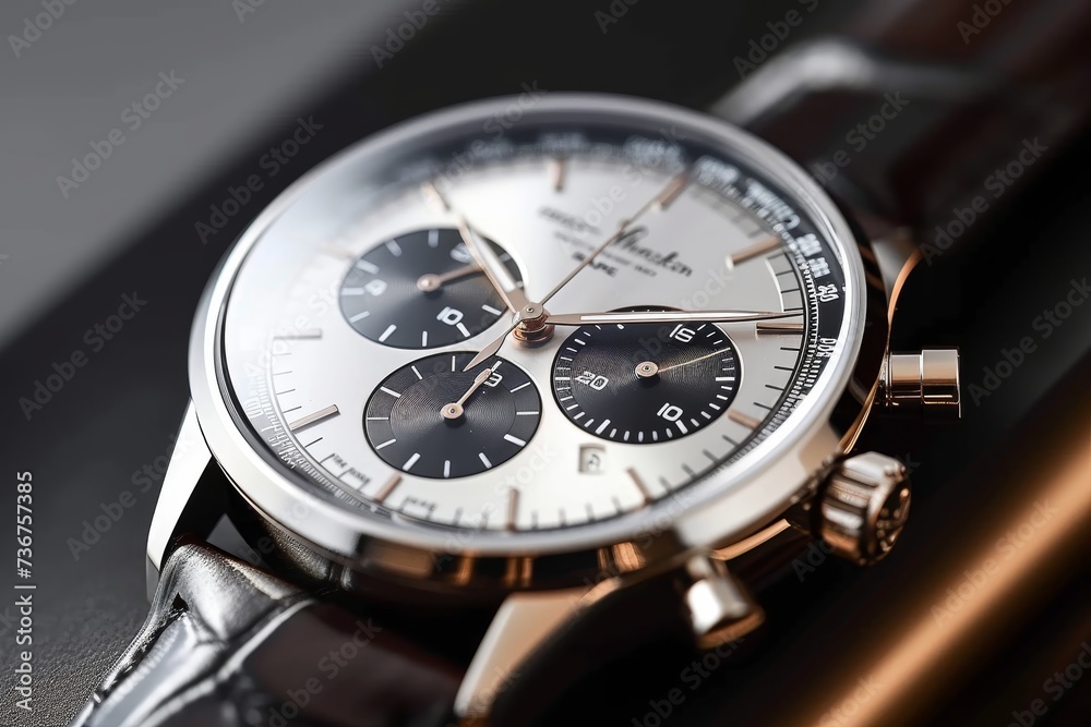An elegant silver chronograph watch featuring a white dial and subdials, presented on a brown leather band An elegant silver chronograph watch featuring a white dial and subdials, presented on a brown leather band
