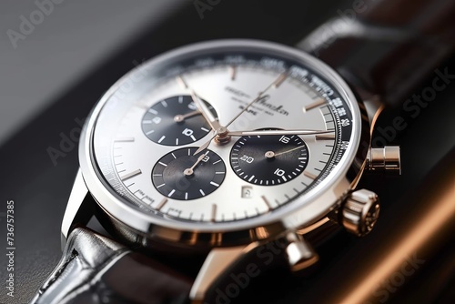 An elegant silver chronograph watch featuring a white dial and subdials, presented on a brown leather band