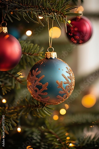 A striking blue Christmas bauble with intricate glittering gold leaf detail, suspended amidst the festive greenery of a Christmas tree