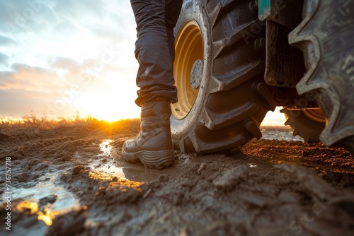 A farmer in muddy boots walks beside a large tractor tire, highlighting agriculture and hard work at sunrise photo