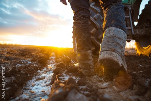 A close-up of a farmer's dirty boots on tilled soil beside the wheel of a tractor, illustrating manual labor and farming photo